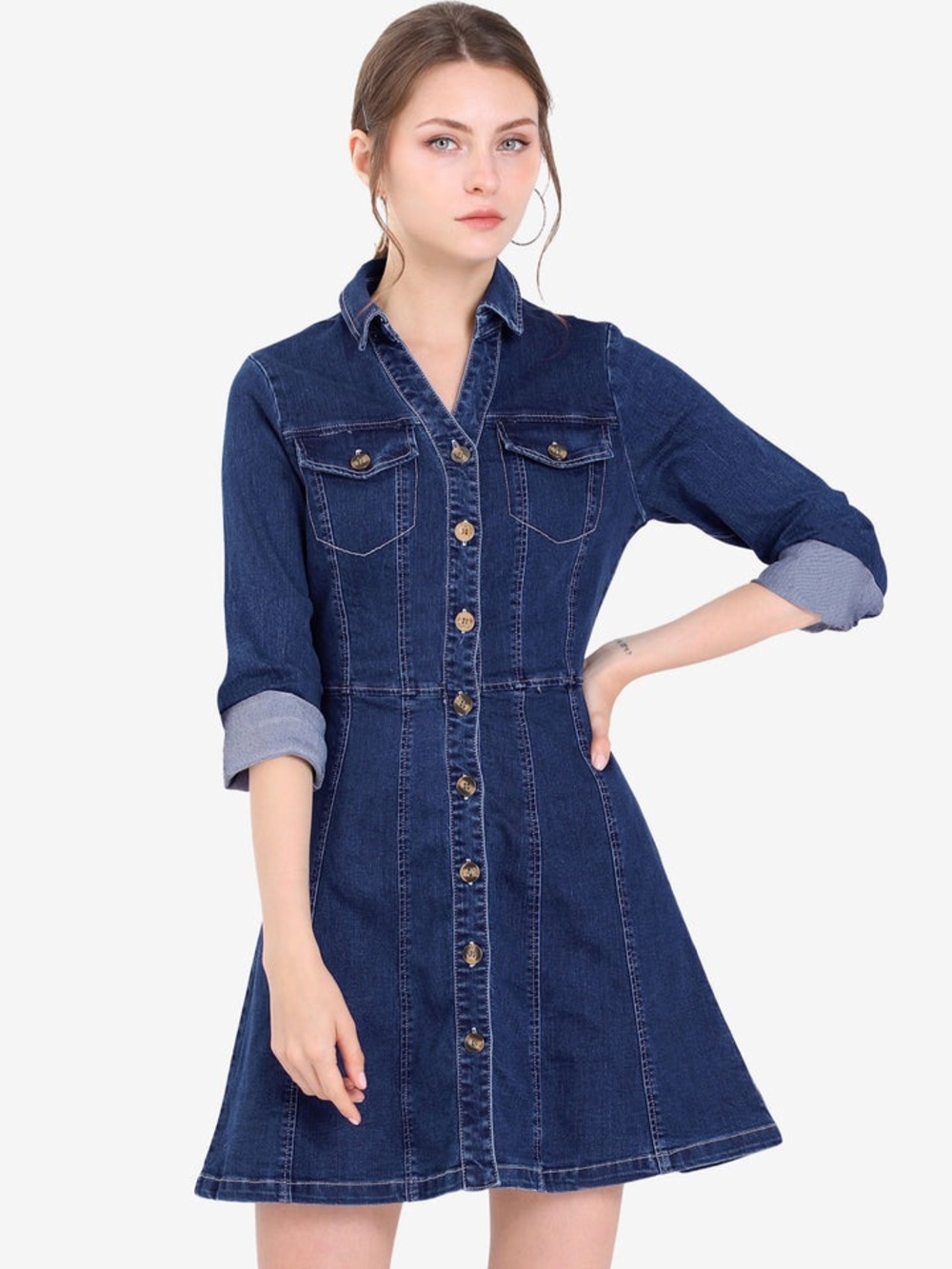 Allegra K Dark Blue Denim Shirt Dress